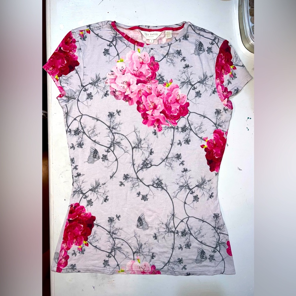 ted baker , size one , pink and grey floral short sleeve tee.